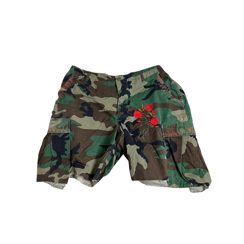 Army Fatigue Camo Shorts Large Upcycled Floral Embroidered DIY Utility Punk OOAK